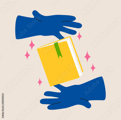 Hands holding magic book. Fairy tale story. Read books lover. Colorful vector illustration