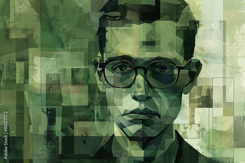 Abstract Geometric Portrait of a Man with Glasses in Shades of Green with Artistic Design