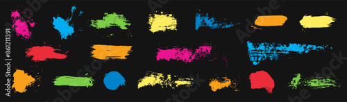 Hand-drawn vector childish paint swatches. Acrylic gouache dabs, daubs, brushstrokes, scribbles. Vibrant daycare kids scrawl textures. Rough bright color swoosh smudges. Isolated texture element set