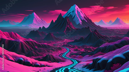 synthwave style snowy lava hills photo