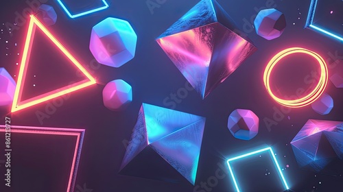 3D geometric shapes with glowing edges floating in space photo