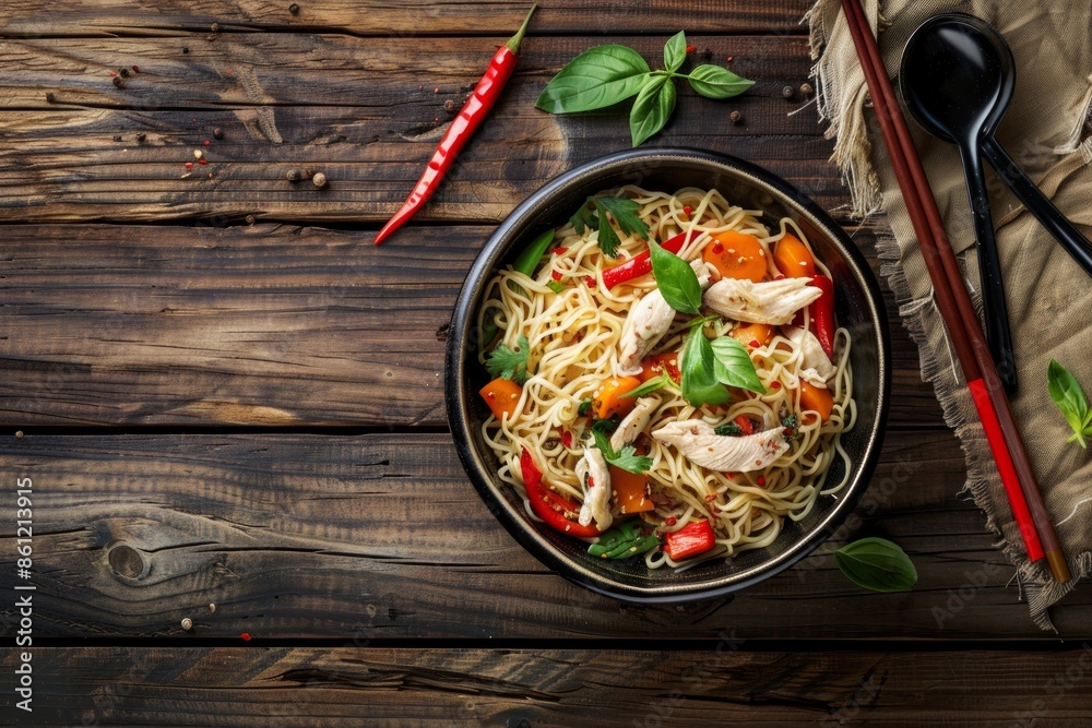 Asian soup with rice noodles, chicken and vegetables in ceramic bowl served with spoon and chopsticks on rustic wooden background from above, Chinese or Thai cuisine Asian soup with rice noodles, chicken and vegetables in ceramic bowl served with spoon and chopsticks on rustic wooden background from above, Chinese or Thai cuisine