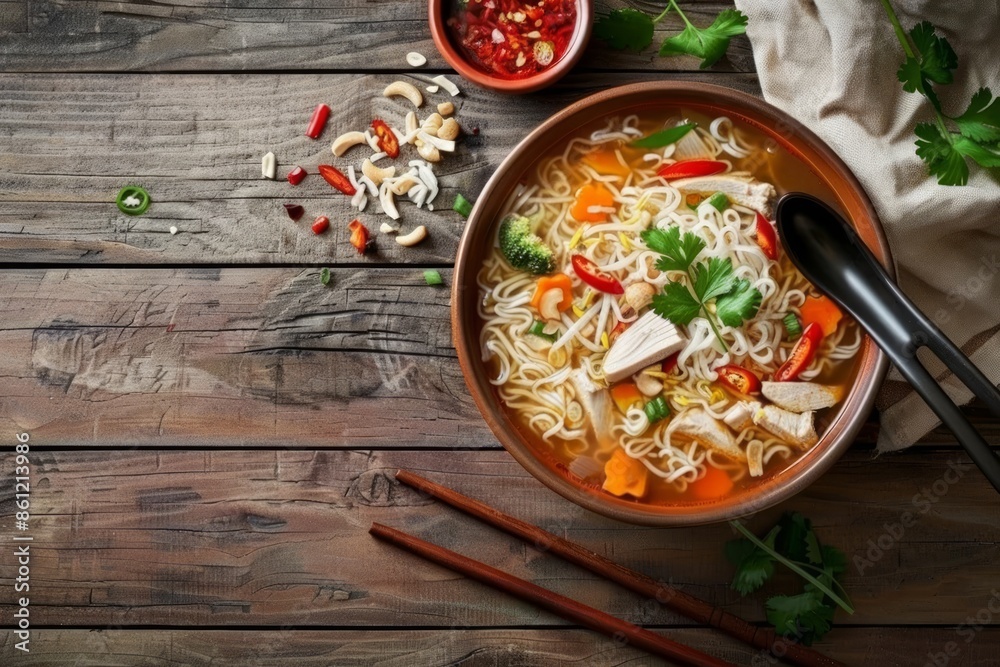 Asian soup with rice noodles, chicken and vegetables in ceramic bowl served with spoon and chopsticks on rustic wooden background from above, Chinese or Thai cuisine Asian soup with rice noodles, chicken and vegetables in ceramic bowl served with spoon and chopsticks on rustic wooden background from above, Chinese or Thai cuisine
