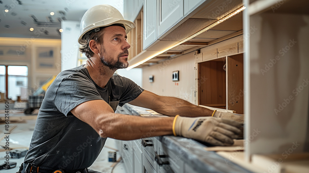 A worker assembling a modern kitchen cabinet on-site. The kitchen features colors of wood, olive, and gray granite. Generative AI. A worker assembling a modern kitchen cabinet on-site. The kitchen features colors of wood, olive, and gray granite. Generative AI.