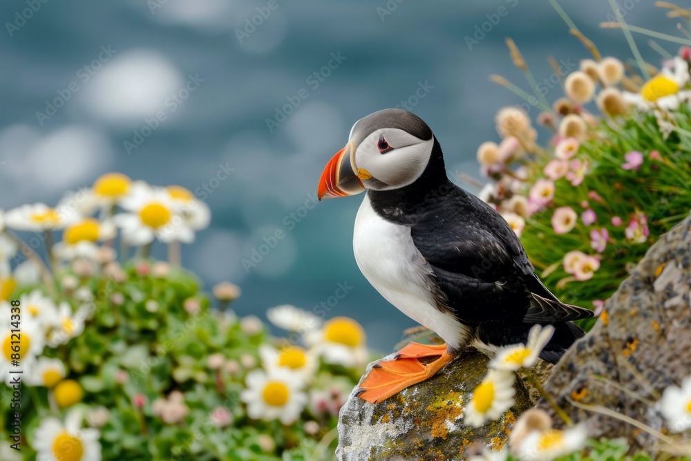 Naklejka premium Atlantic puffin (Fratercula arctica) at clifftop edge, Hermaness National Nature Reserve, Unst, Shetland Islands, Scotland.