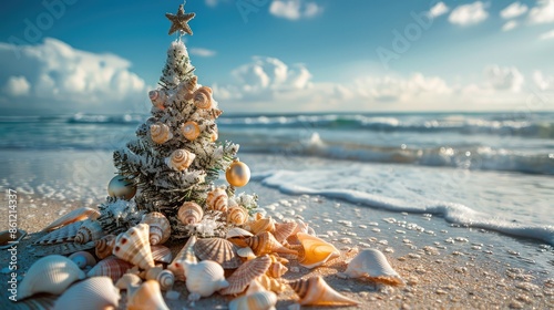 A beach scene with a Christmas tree decorated with seashells