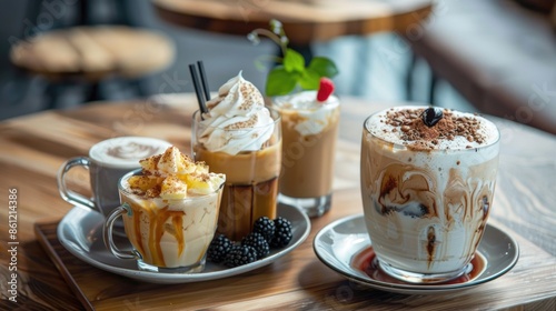 Delicious Assorted Iced Coffee Drinks with Whipped Cream