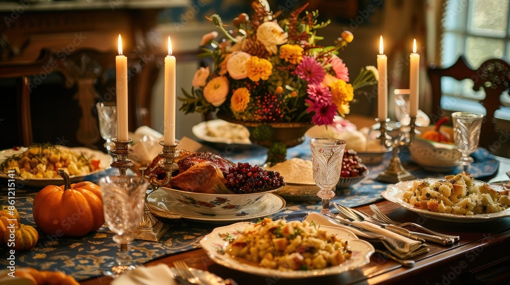 A table set with an elegant Thanksgiving feast, lit by candlelight A table set with an elegant Thanksgiving feast, lit by candlelight