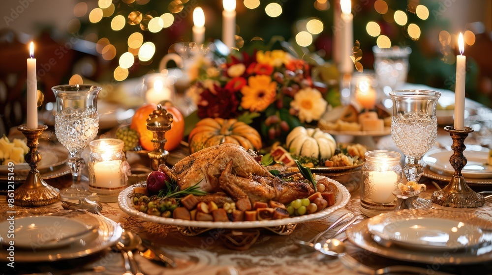 A table set with an elegant Thanksgiving feast, lit by candlelight A table set with an elegant Thanksgiving feast, lit by candlelight
