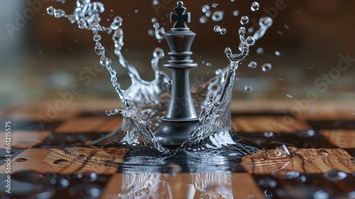 photograph of a steel chess bishop in a floating splash of water