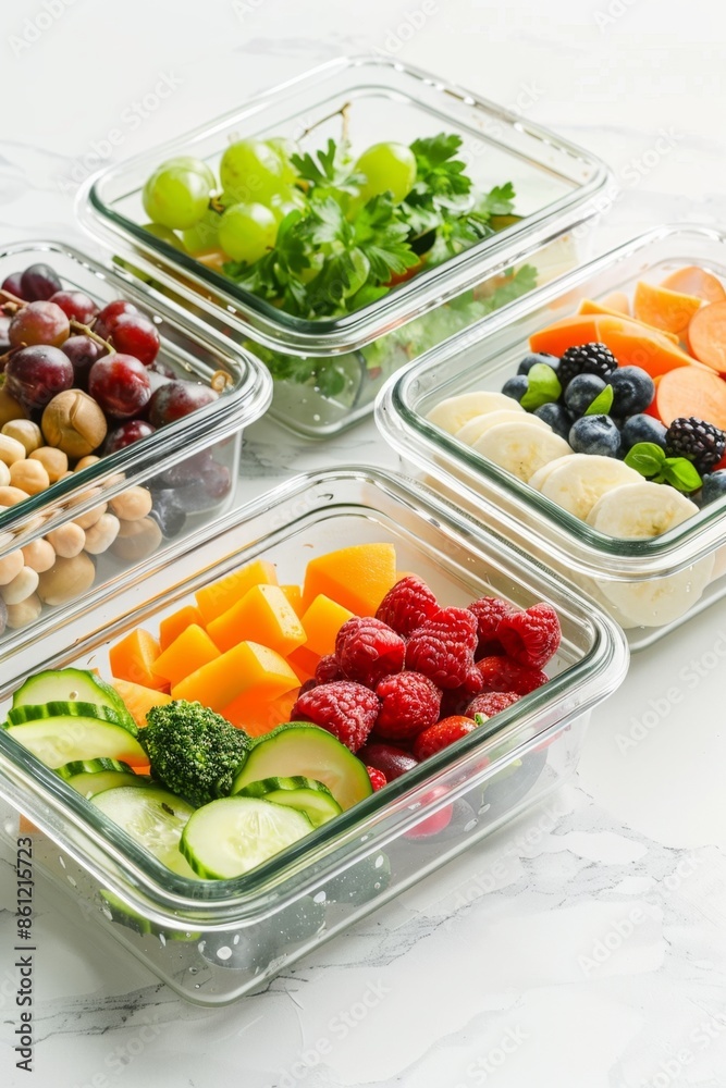 Assorted fresh fruits and vegetables in glass containers. Assorted fresh fruits and vegetables in glass containers.