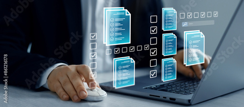 Business productivity checklist and filling survey form.Fast checklist and clipboard task management.Businessman check virtual electronic documents and checklist approve.