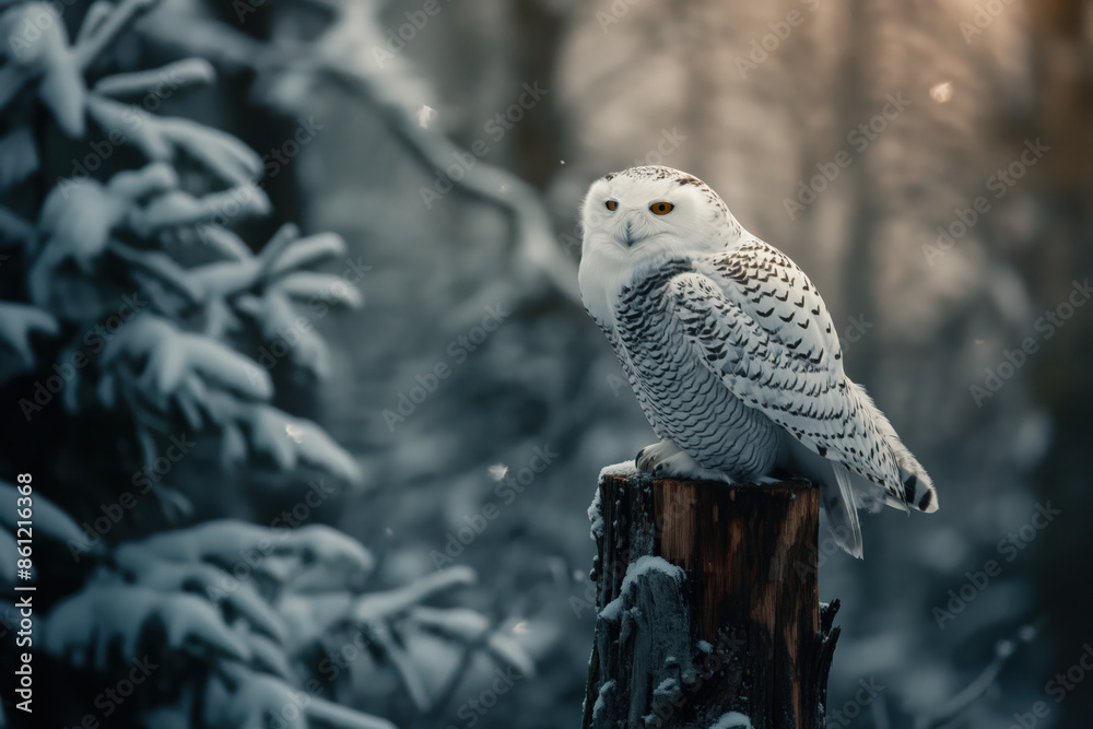 Fototapeta premium Snowy owl perched on a stump in winter forest