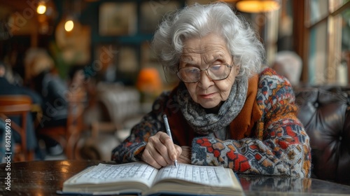 Elderly woman solving crossword puzzle in a cozy room.