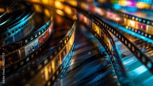 a digital film reel where each frame represents a movie with its size and color based on its average rating photo