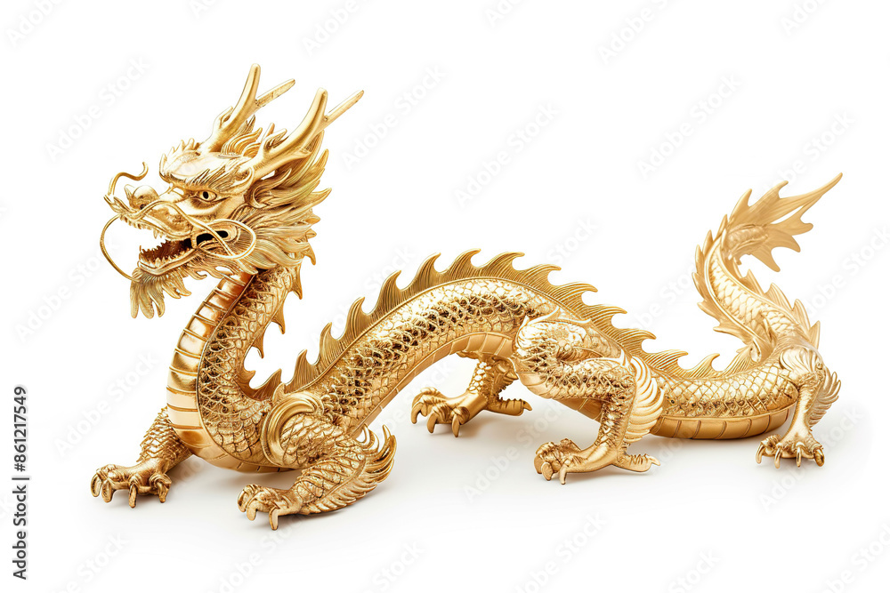 Fototapeta premium A gold dragon is laying on its back with its mouth open