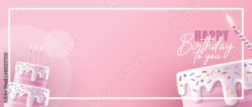 Happy Birthday celebration typography design with 3d birthday cake for greeting card, poster or banner. Vector illustration