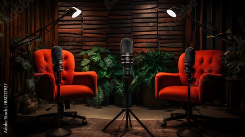 Modern podcast design interior with wo chairs and a mic