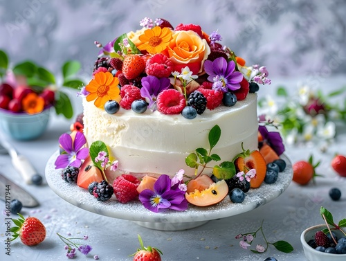 Exquisite Ice Cream Cake Adorned with Fresh Fruit and Vibrant Edible Flowers on Festive Table Display