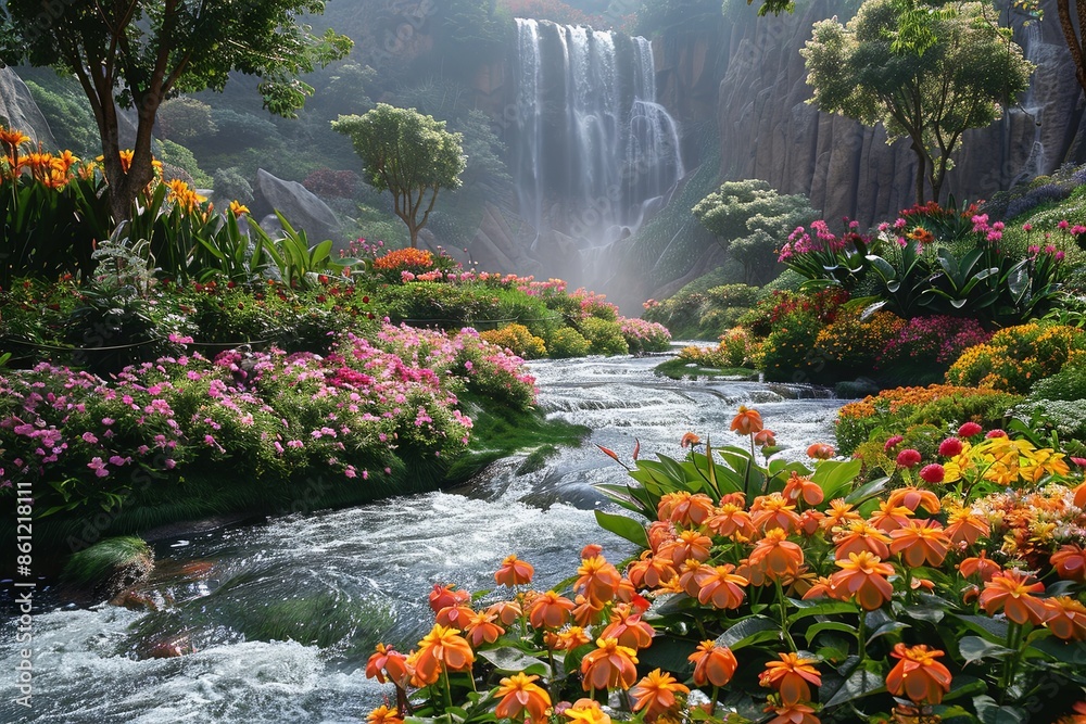 Naklejka premium Beautiful Paradise Land with Flower and Waterfall created with Generative AI