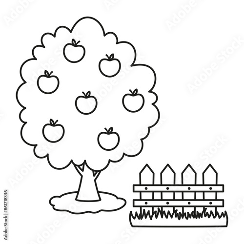 outline apple tree and fence