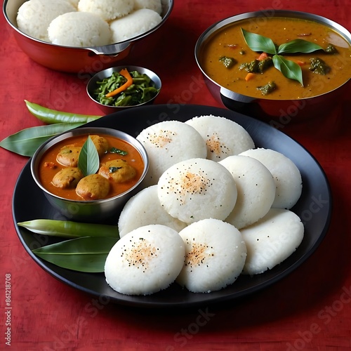 Delicious Indian Dish Idli or idly with Sambar and coconut chutney and green chutney photo