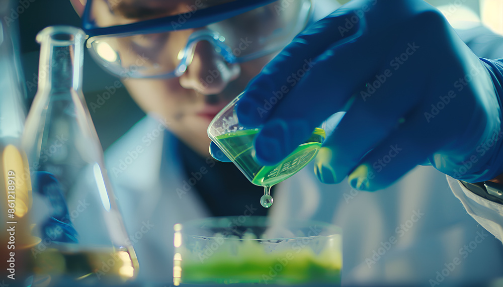 Macro Close Up Shot of a Scientist Mixing Green Chemical Liquid Under the Microscope on a Sample Petri Dish. Microbiologist Macro Close Up Shot of a Scientist Mixing Green Chemical Liquid Under the Microscope on a Sample Petri Dish. Microbiologist