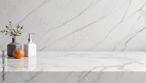 minimalist white marble countertop with blurred white backdrop for product mockup presentation