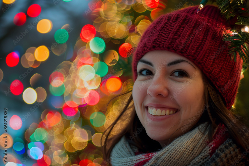 Smiling woman wearing a red hat and scarf, standing in front of colorful Christmas lights, festive and joyful atmosphere, close-up portrait, holiday season, winter wonder Smiling woman wearing a red hat and scarf, standing in front of colorful Christmas lights, festive and joyful atmosphere, close-up portrait, holiday season, winter wonder