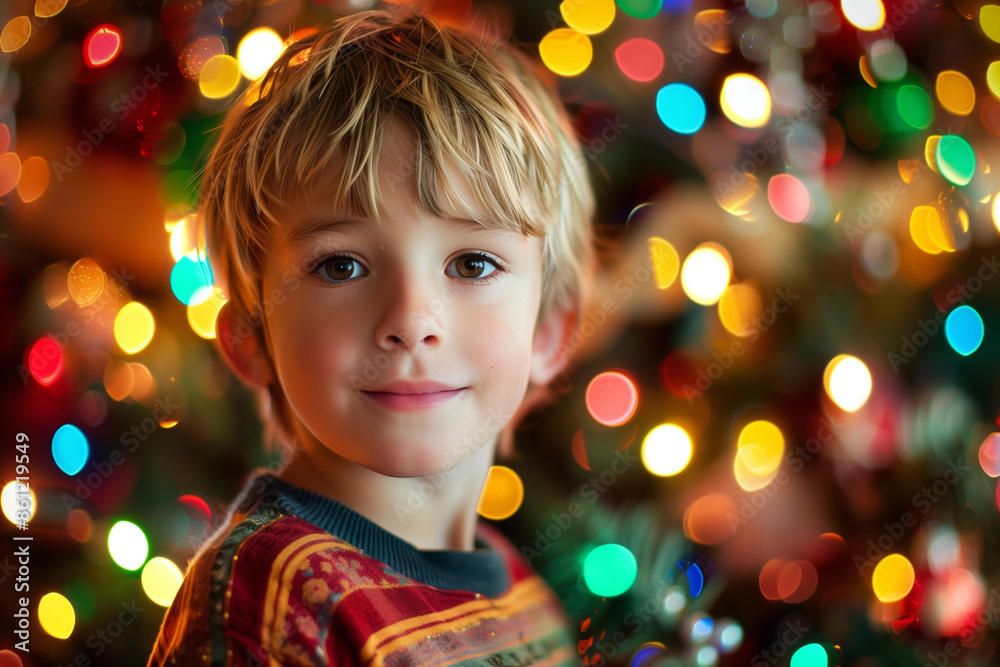 Smiling boy standing in front of colorful Christmas lights, joyful and festive atmosphere, close-up portrait, holiday season, winter wonder, cheerful and happy child