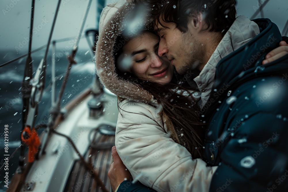 Couple on a boat in the ocean during a storm made with generative AI technology Couple on a boat in the ocean during a storm made with generative AI technology