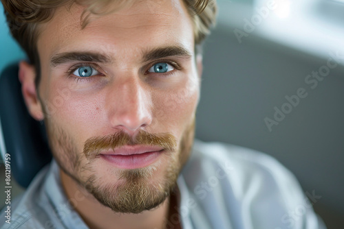 AI generated photo of young handsome man during appointment at dental clinic