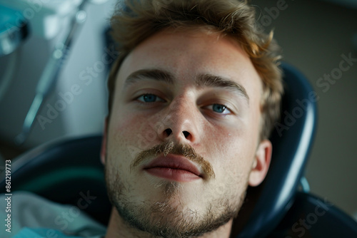 AI generated photo of young handsome man during appointment at dental clinic