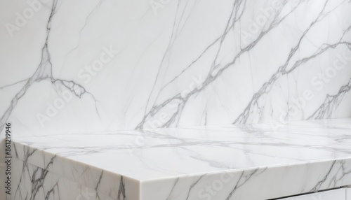minimalist white marble countertop with blurred white backdrop for product mockup presentation