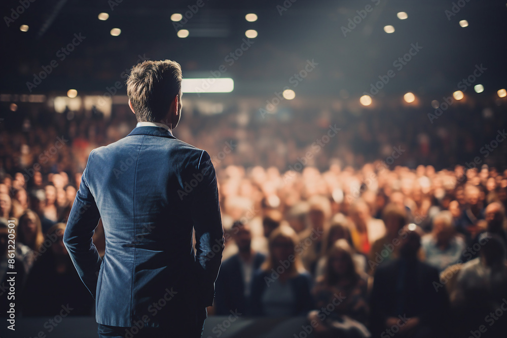 Generative AI illustration motivational speaker with microphone in hand in front of audience at conference room Generative AI illustration motivational speaker with microphone in hand in front of audience at conference room