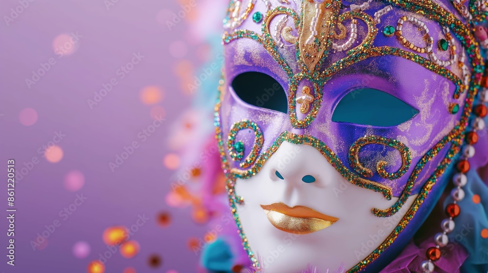 A beautifully decorated mask with vibrant feathers and beads, set against a soft purple background, capturing the essence of festivity. A beautifully decorated mask with vibrant feathers and beads, set against a soft purple background, capturing the essence of festivity.