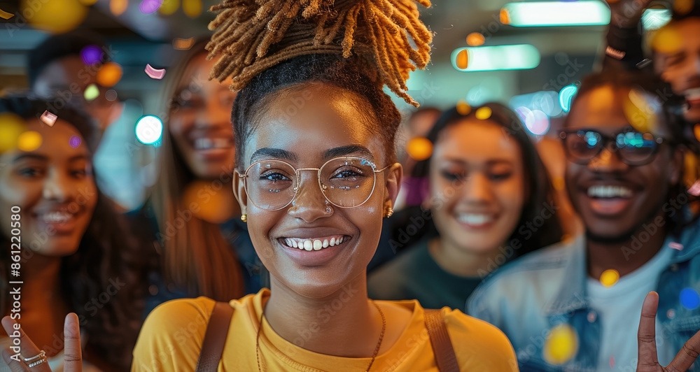 A nerdy team of coders celebrating their successes. in the middle there is a black female managing director, leading and inspiring them. Generative AI. A nerdy team of coders celebrating their successes. in the middle there is a black female managing director, leading and inspiring them. Generative AI.