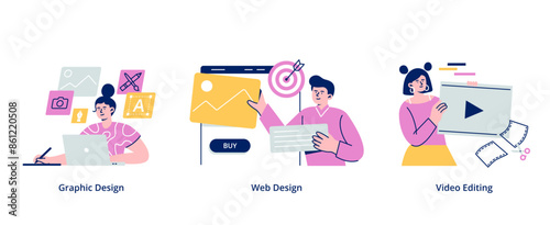 Concepts with designers. Graphic design, web, and motion design. Trendy vector flat illustrations isolated on a white background.