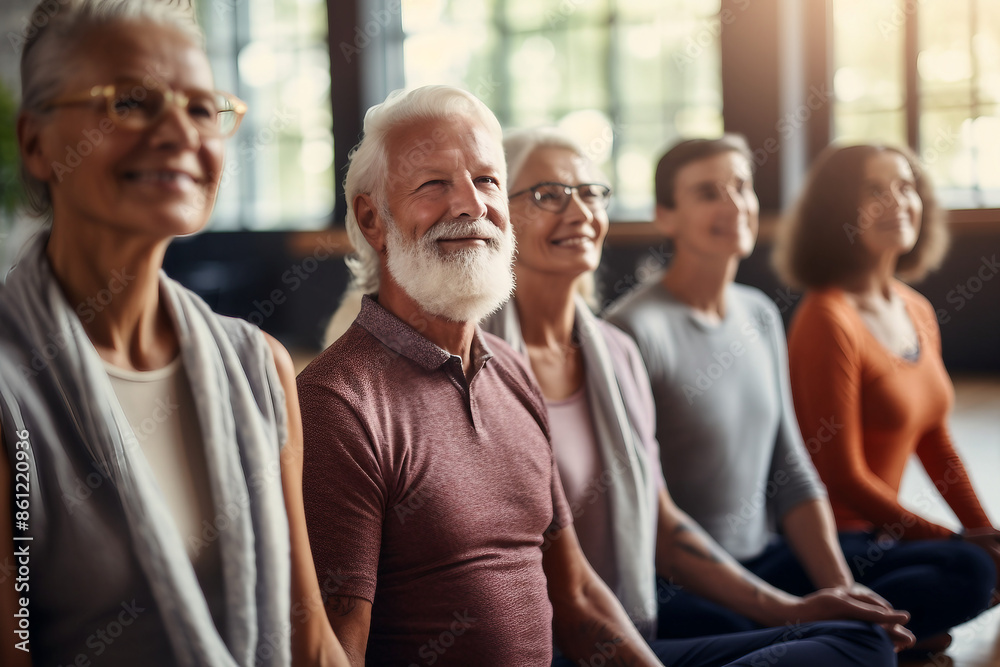 Image of senior people together training yoga asana generative AI concept Image of senior people together training yoga asana generative AI concept