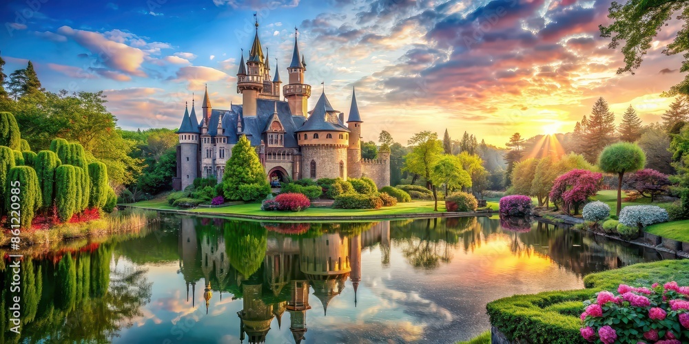 Naklejka premium Majestic fairy tale castle surrounded by lush greenery and sparkling ponds, fairytale, castle, dreamy, magical, fantasy, enchanted, kingdom, medieval, architecture, towers, turrets, stone