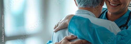 A healthcare professional in blue attire embraces a person, symbolizing compassion and care in a medical setting, with a blurred background.