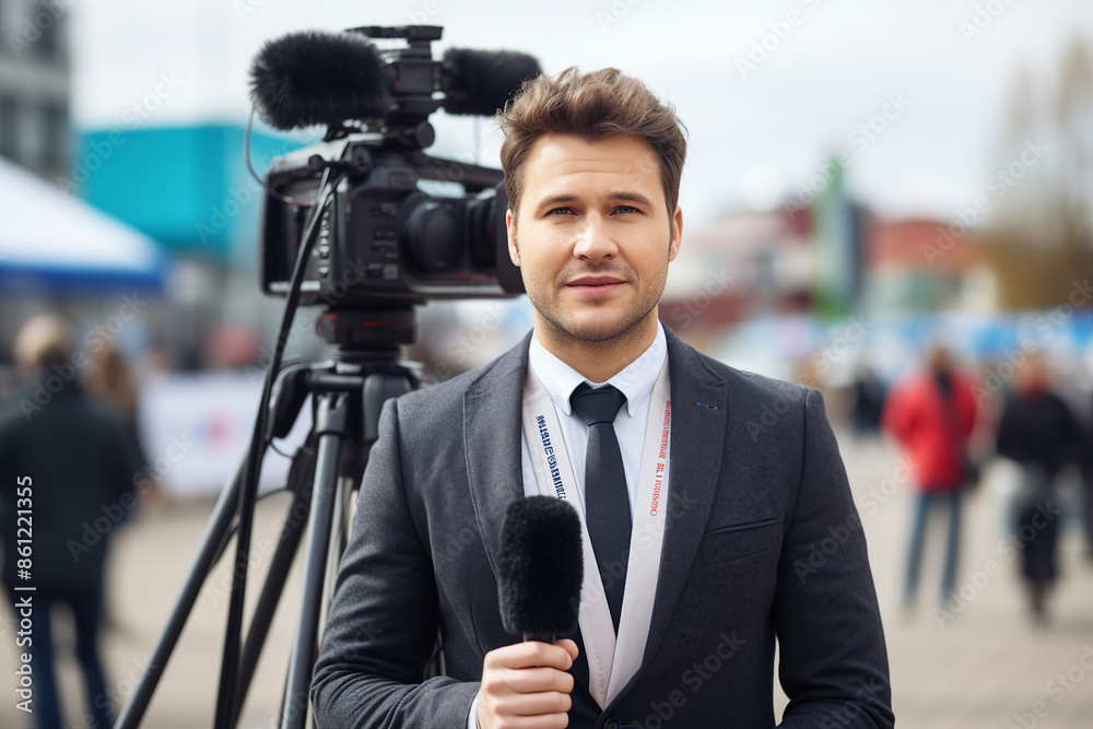 Professional reporter journalist in front of camera making breaking news reportage Generative AI picture Professional reporter journalist in front of camera making breaking news reportage Generative AI picture