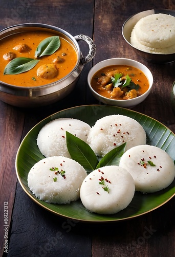 Delicious Indian Dish Idli or idly with Sambar and coconut chutney and green chutney photo