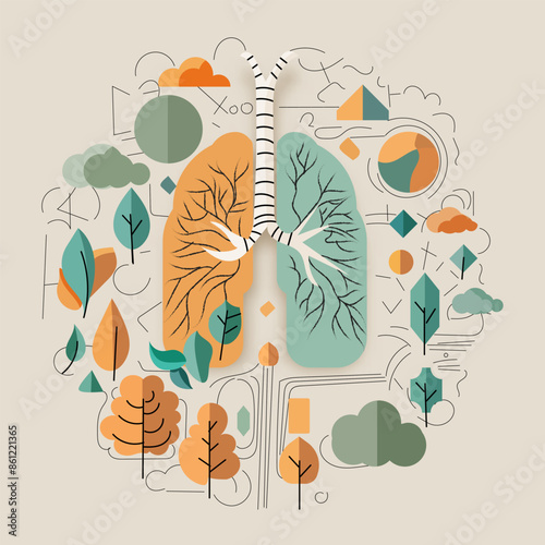 The Human Lung is composed of natural elements in geometric lines and combined with modern symbols, earth tone.