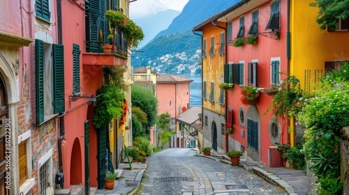 Fototapeta Naklejka Na Ścianę i Meble -  Ancient European town with cobblestone streets and vibrant houses