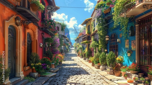 Ancient European town with cobblestone streets and vibrant houses