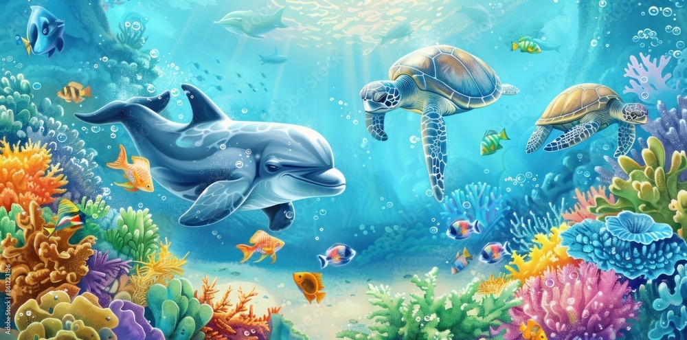 Fototapeta premium Underwater World with Dolphins, Turtles, and Colorful Coral