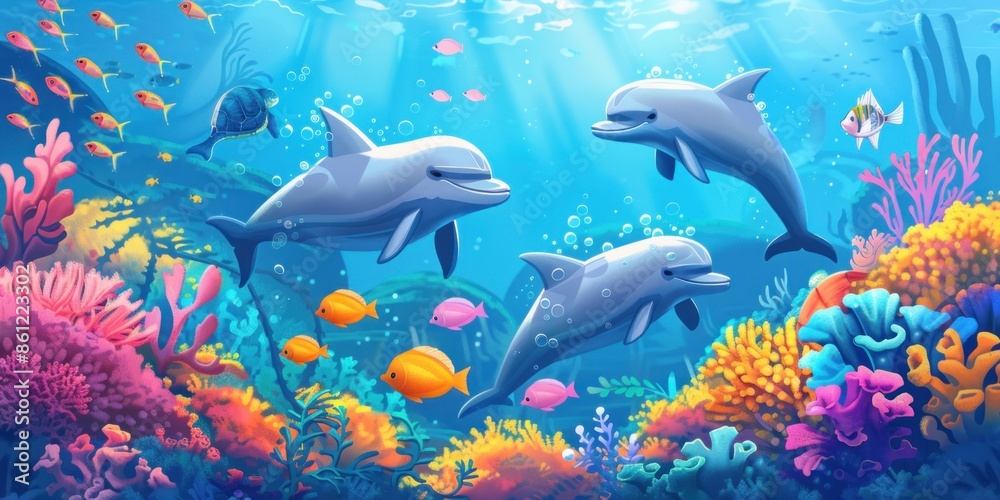 Fototapeta premium Three Dolphins Swimming Through Vibrant Coral Reef