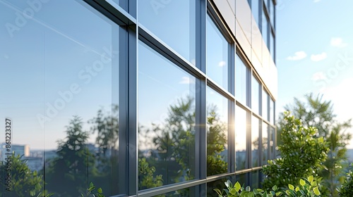 Architectural detail of a modern window with reflective glass