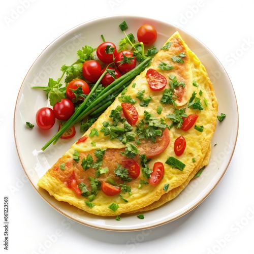 Delicious Omelette With Tomatoes, Herbs, and Green Onions on a White Plate. Generative AI